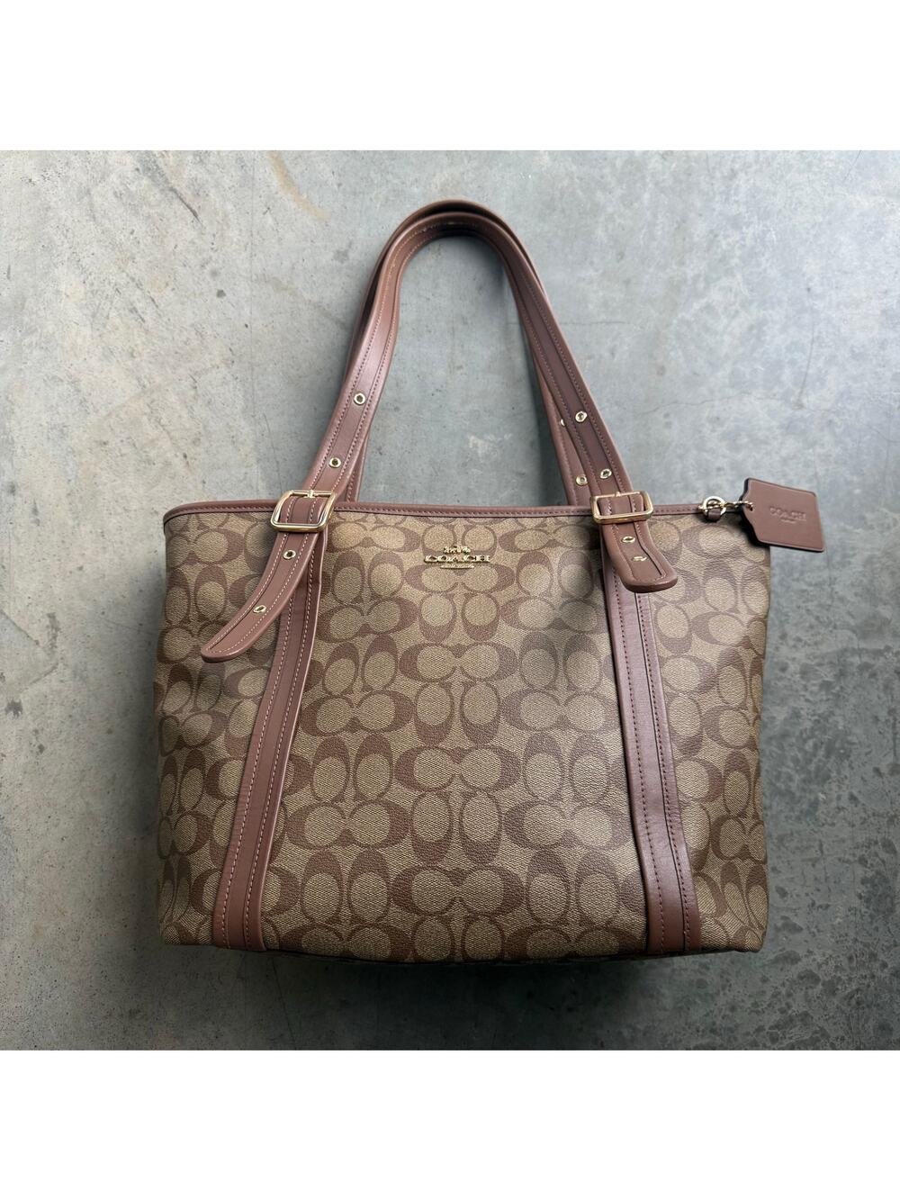 Coach Signature Ashton Tote Bag Canvas Leather Khaki Saddle Monogram